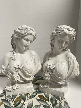 Pair of Premier Classical Maiden with Laurel Wreath Bust Statues